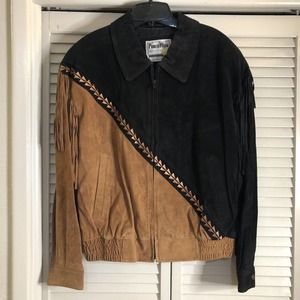 Vintage PIONEER WEAR Fringe Unisex Jacket Western Wear Size Small Black Tan